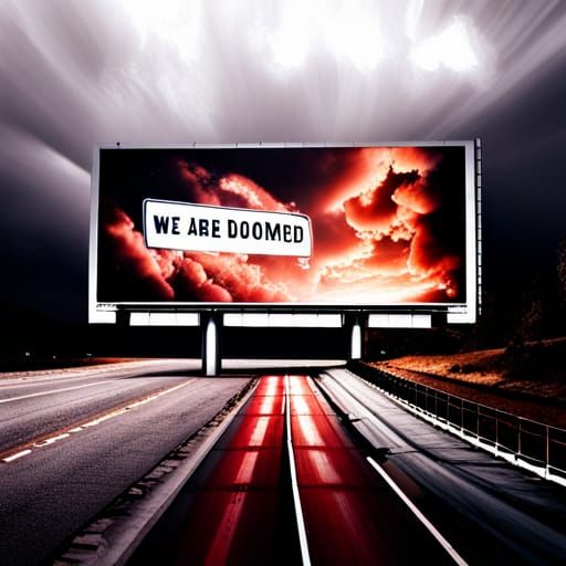Hyperrealistic Billboard Displaying "We are Doomed"