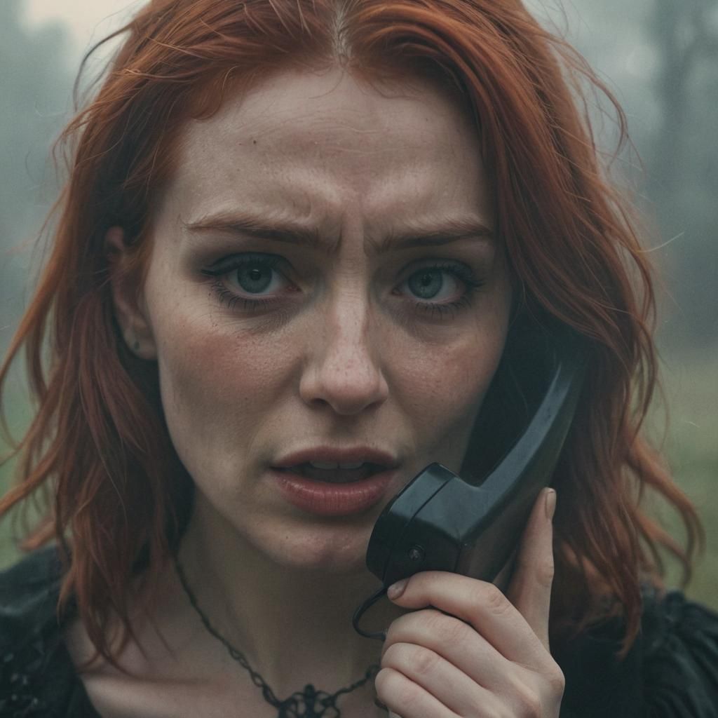 Red-Haired Gothic Woman Crying in Dreamy Mist