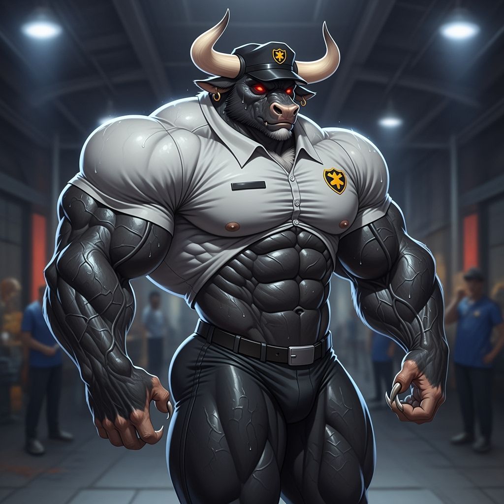 Muscular Bull Bodybuilder in Security Uniform
