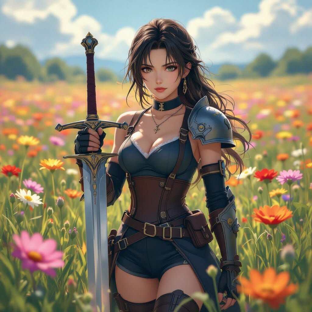 Final Fantasy Warrior in Flower Field Anime Art