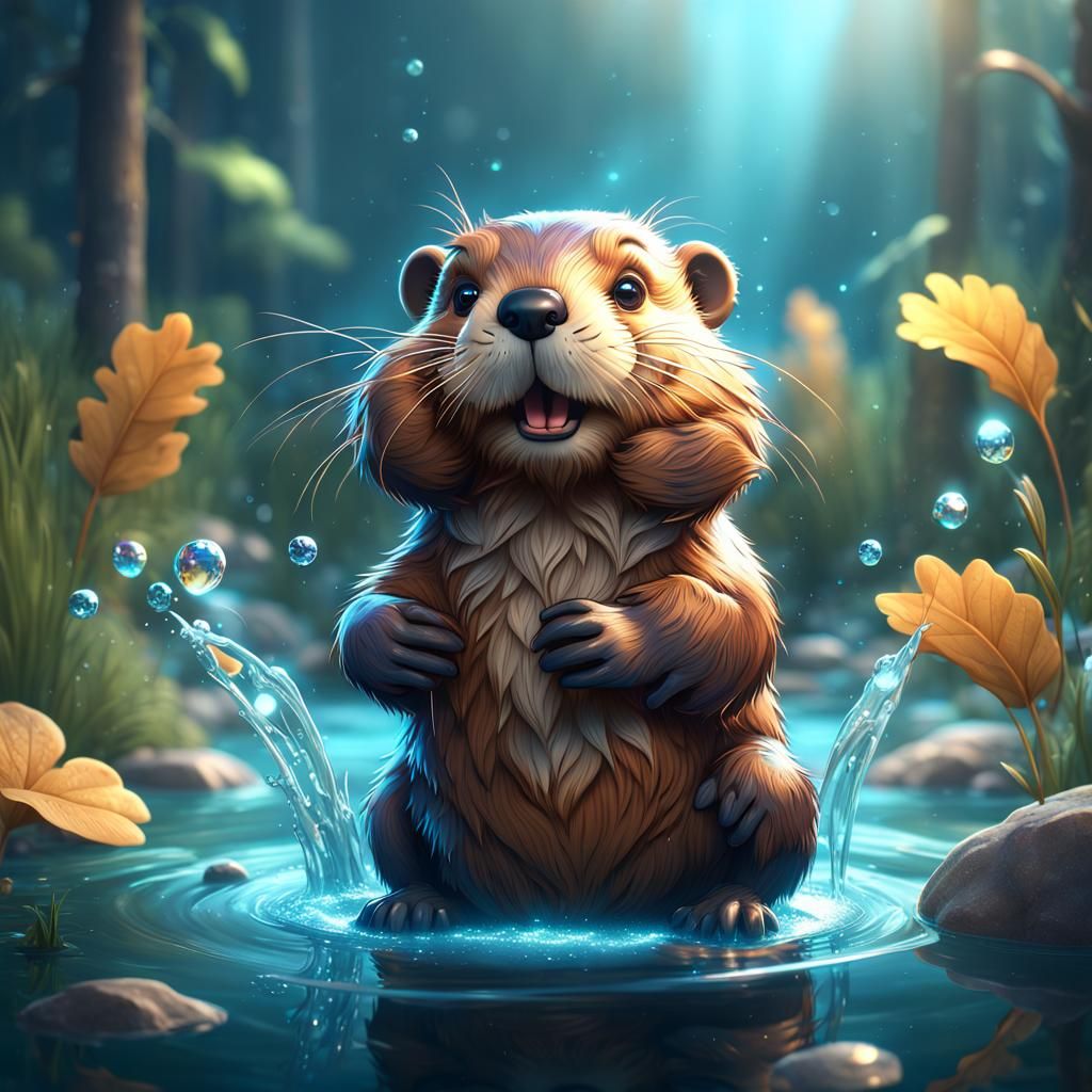 Cute Beaver in Sparkling Water, 3D Render