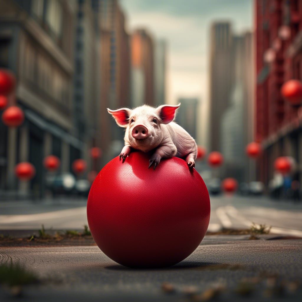 Cute Pig Balancing on Ball in City, Hyperrealistic