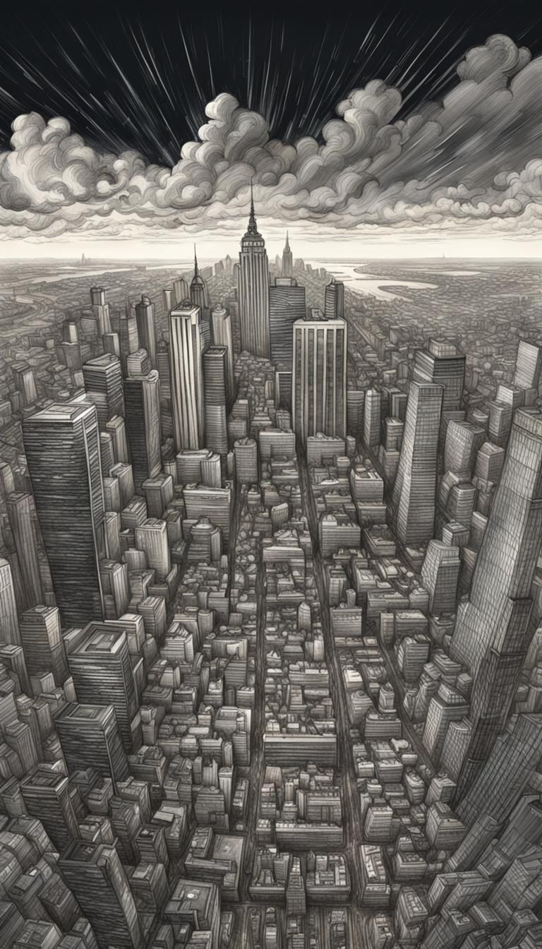 Metropolitan City Stormy Field Pencil Sketch