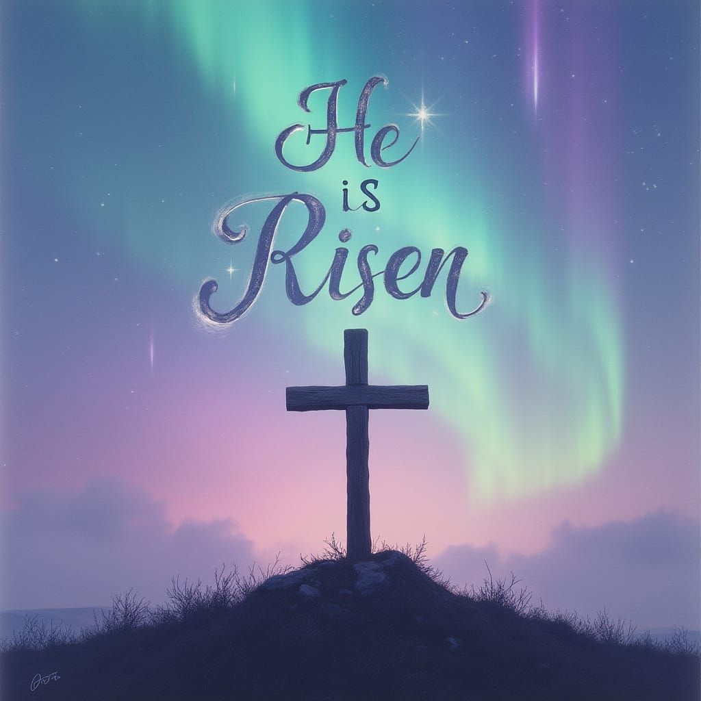 Majestic Wooden Cross Under Pastel Northern Lights