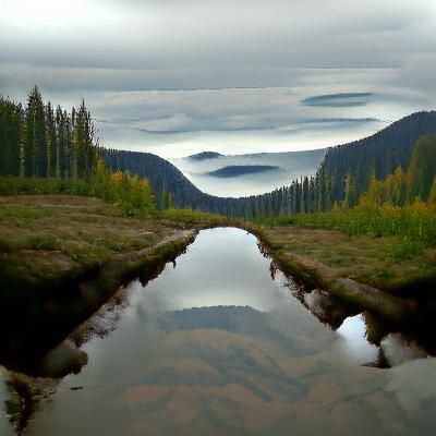 Reflective Creek Disappearing into Mountain Horizon