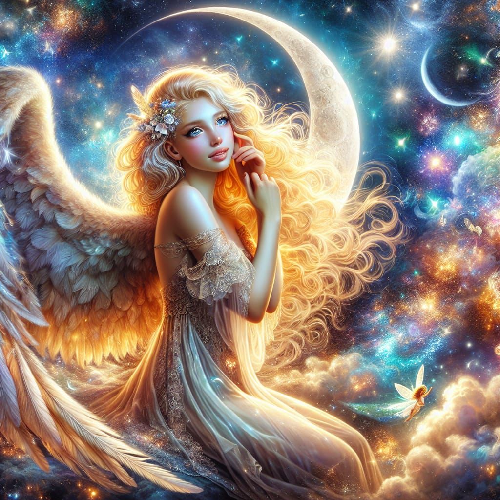 Radiant Angel on the Moon in Colorful Night Sky