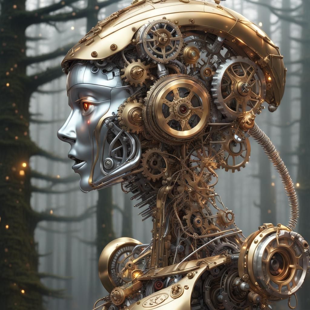 Mechanical Christmas Elf Robot in Forest