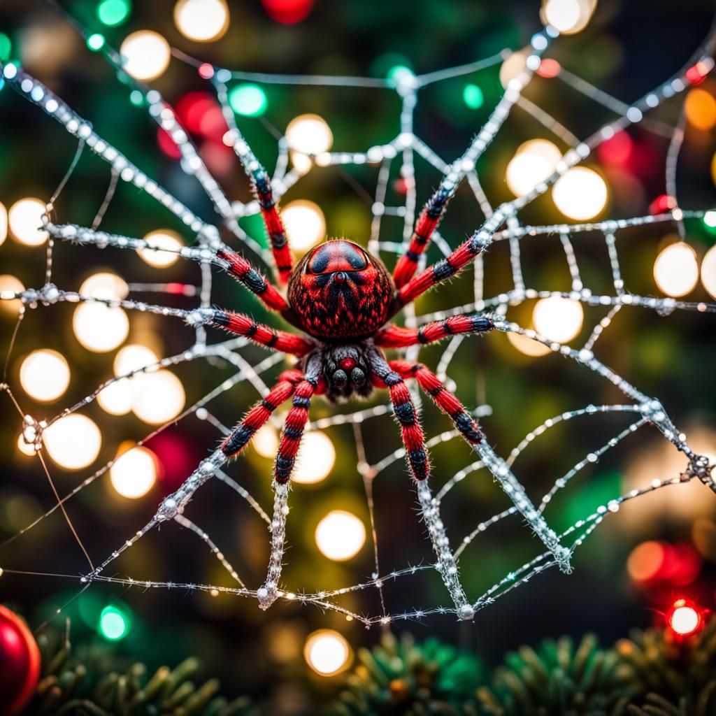 Festive Spider Decorates Web with Christmas Lights