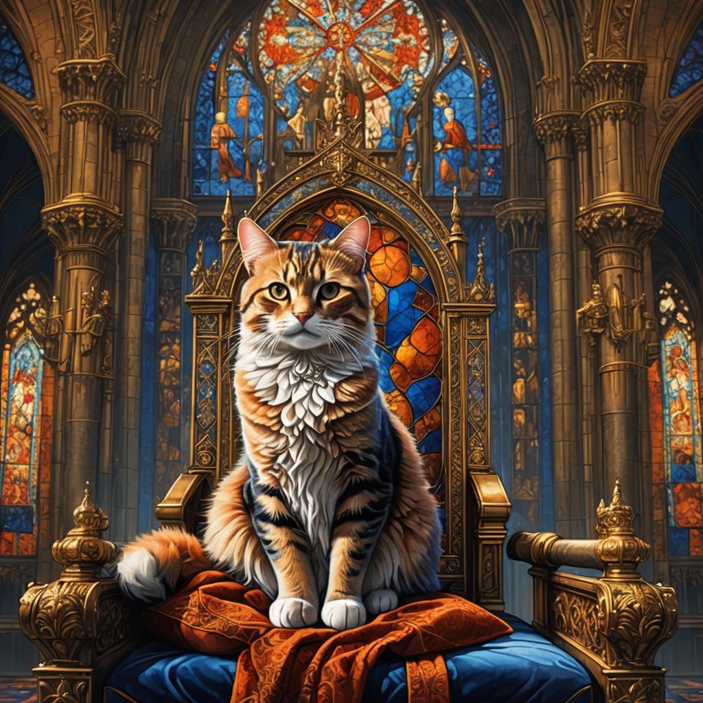 Cat on Throne in Gothic Cathedral: Digital Art