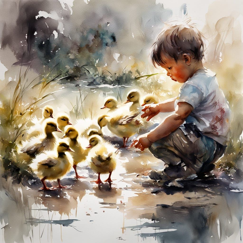 Baby with Ducklings in Watercolour Style