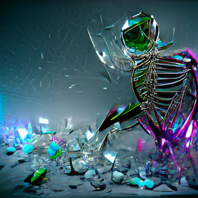 Surreal Glass Skeleton in Neon Dreamscape