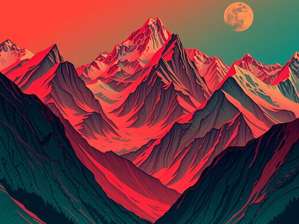 Duotone Mountains in Red and Green, Vintage Illustration