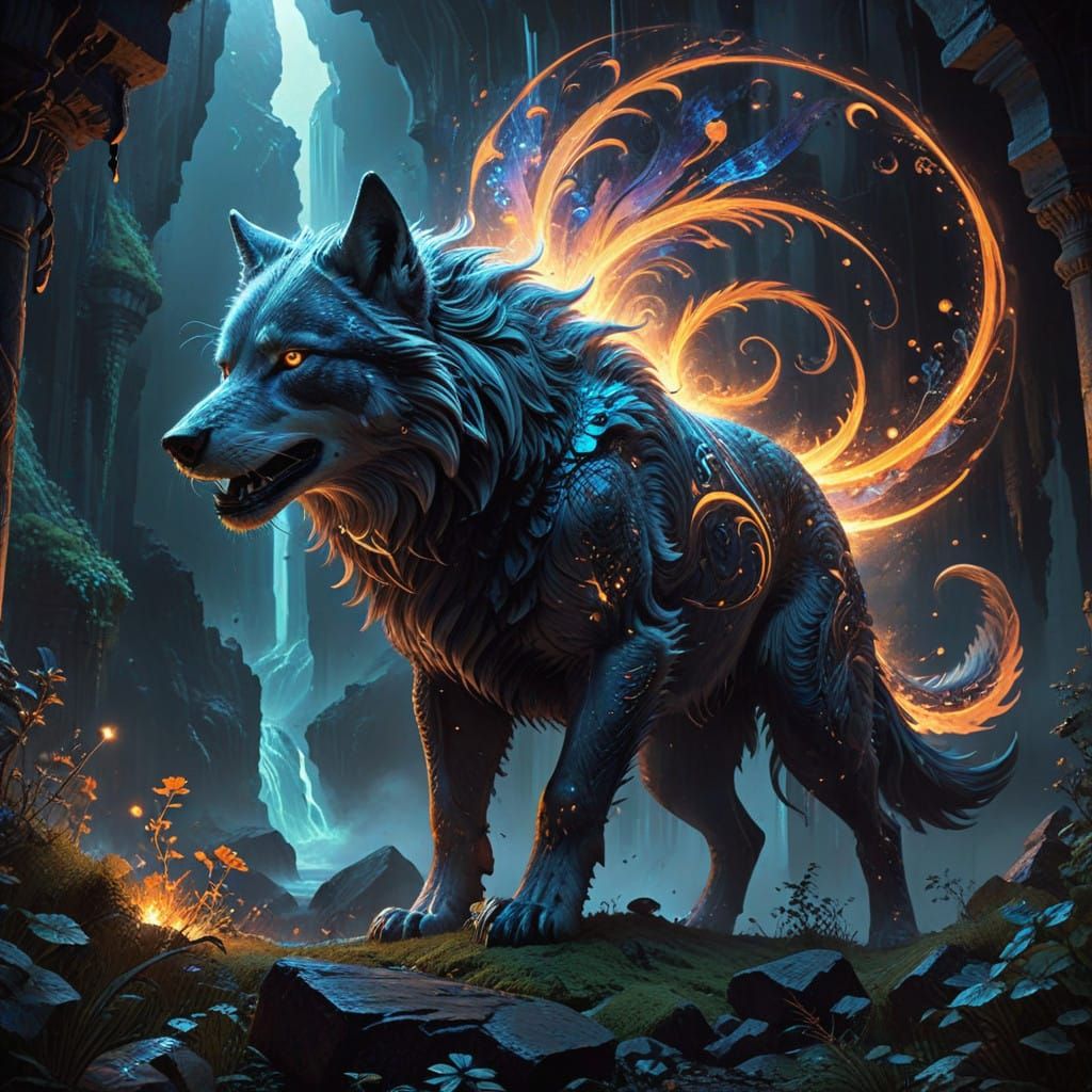 Ethereal Wolf Emerges from Cosmic Vortex in Hyper-Detailed F...