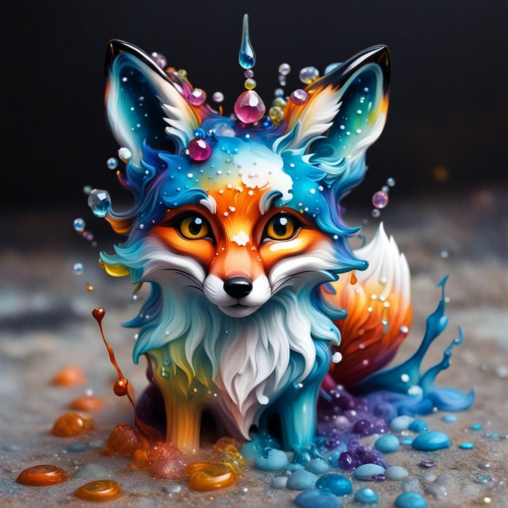 Glass Fox Graffiti Art with Gems, Polychromatic Style