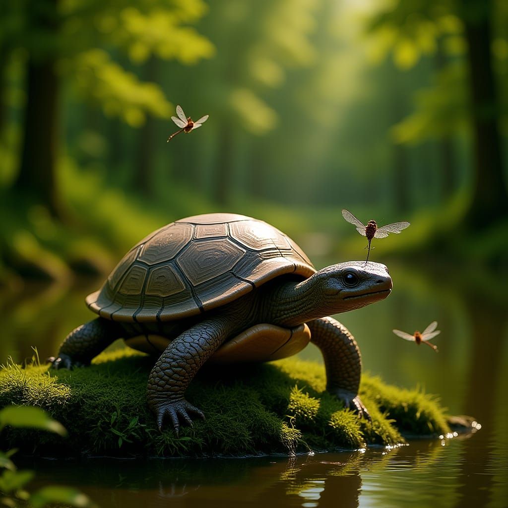Serene Forest Pond Scene with Wise Old Turtle