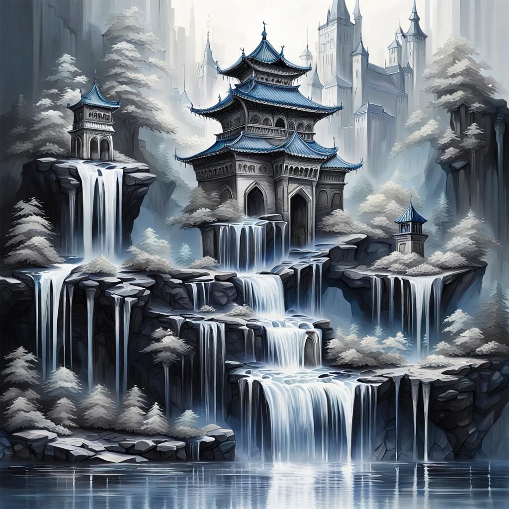 Still Castle Meets Flowing Water Cascade