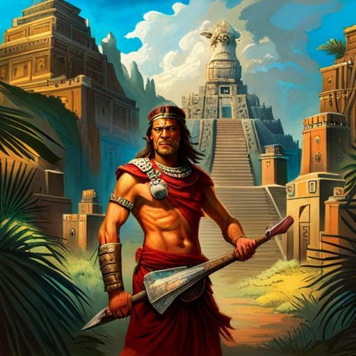 Aztec Warrior Near Mayan Temple Concept Art