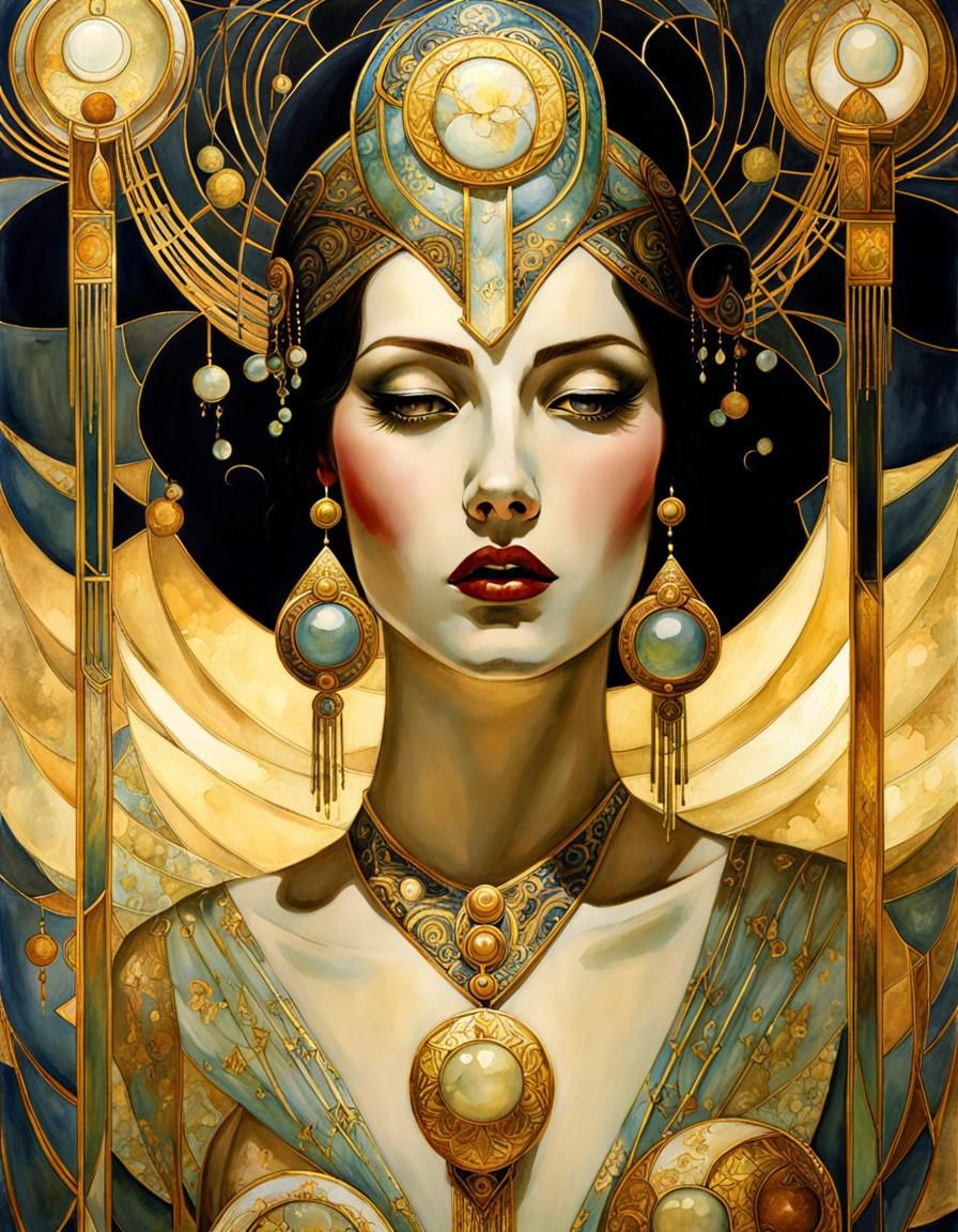 Art Deco Kintsugi Necromancer in Watercolor Light Wash