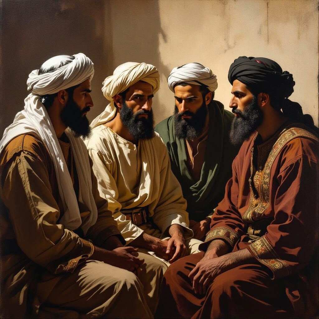 Muslim Men in Pre-Islamic Attire: Renaissance Painting Style