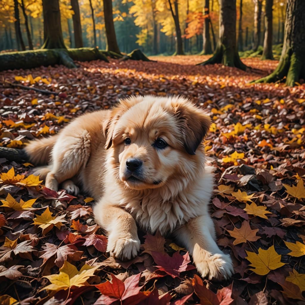 Puppy's Dream in Magical Autumn Forest