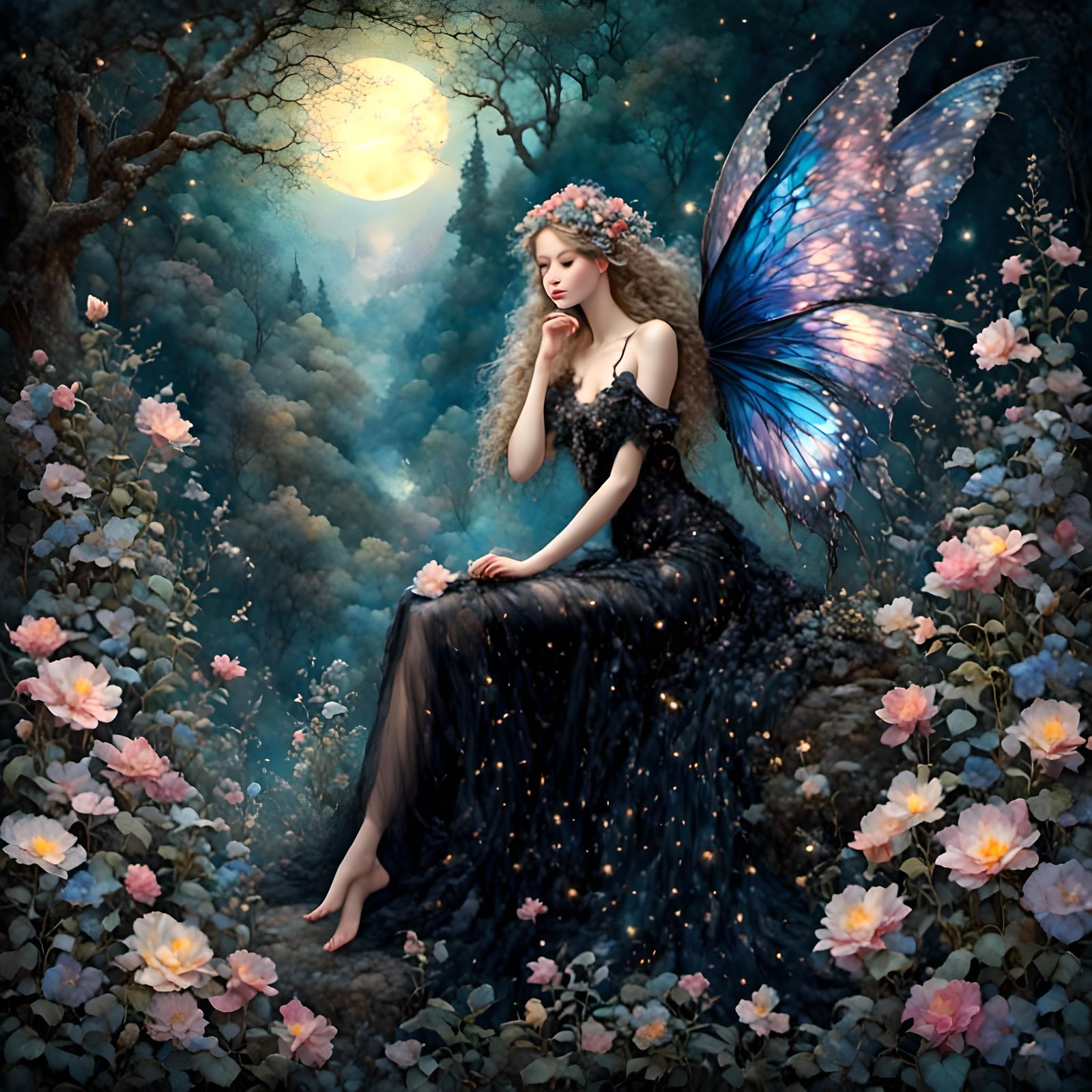 Beautiful fantasy fairy with perfect wings, <lora:Midnight G...