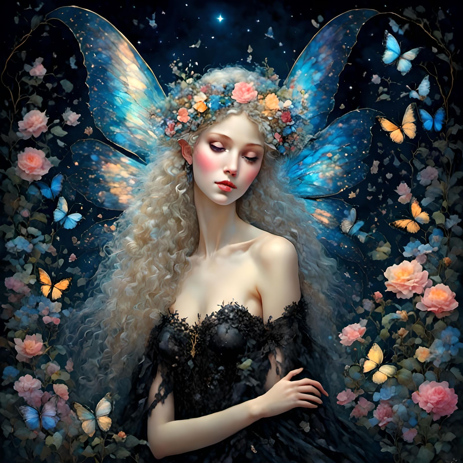 Beautiful fantasy fairy with perfect wings, <lora:Midnight Garden:1.0> beautiful fantasy fairy forest, black black night...