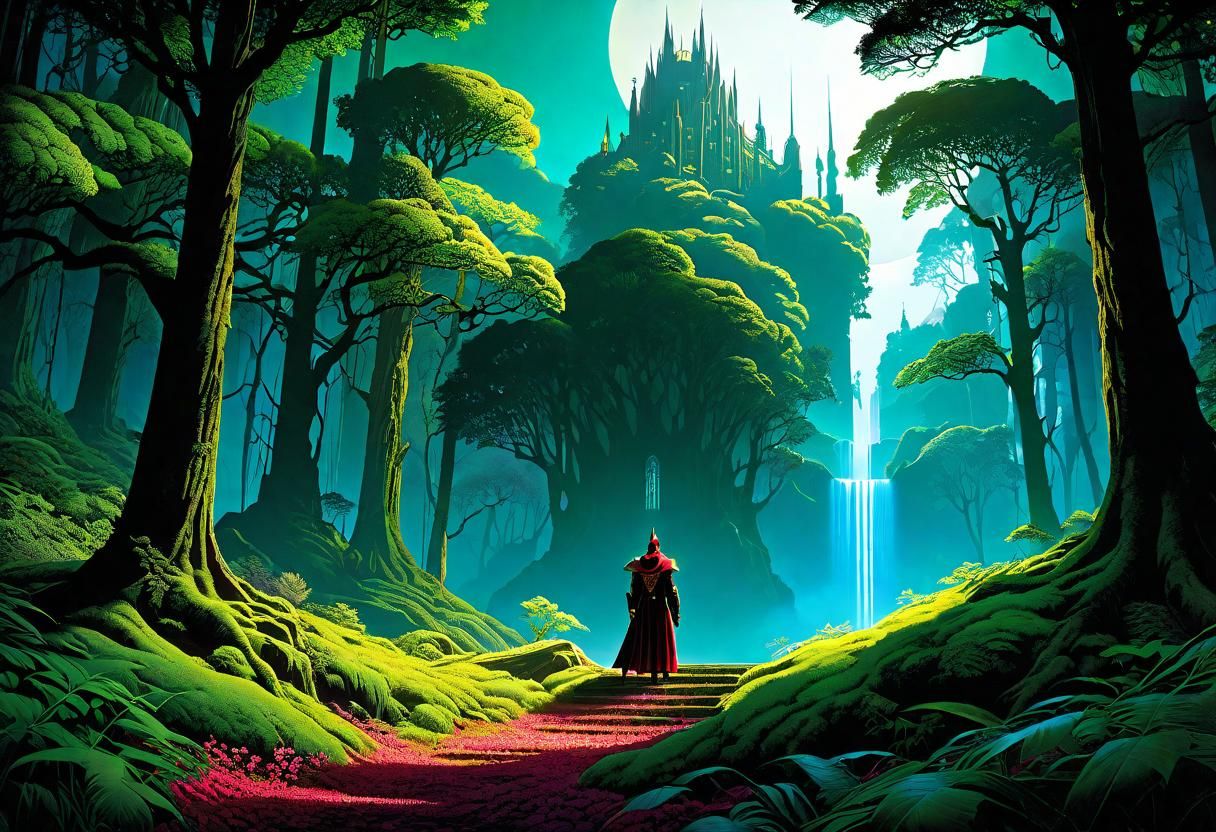 Lush Forest Path in Gouache and Watercolor Style