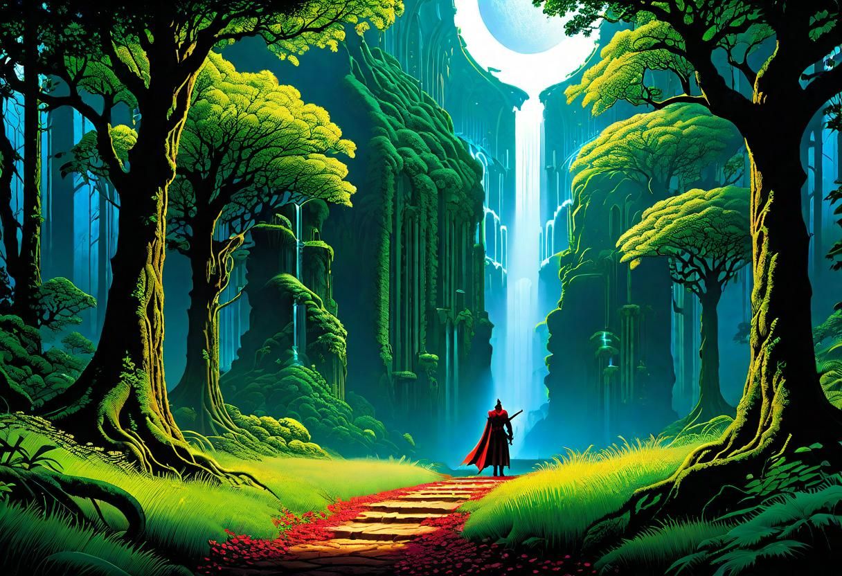 Lush Forest Path to Divine Light: Impasto Gouache Painting