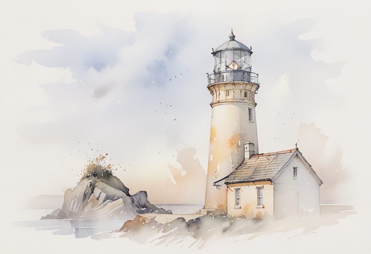 Misty Lighthouse Tower in Watercolour Technique