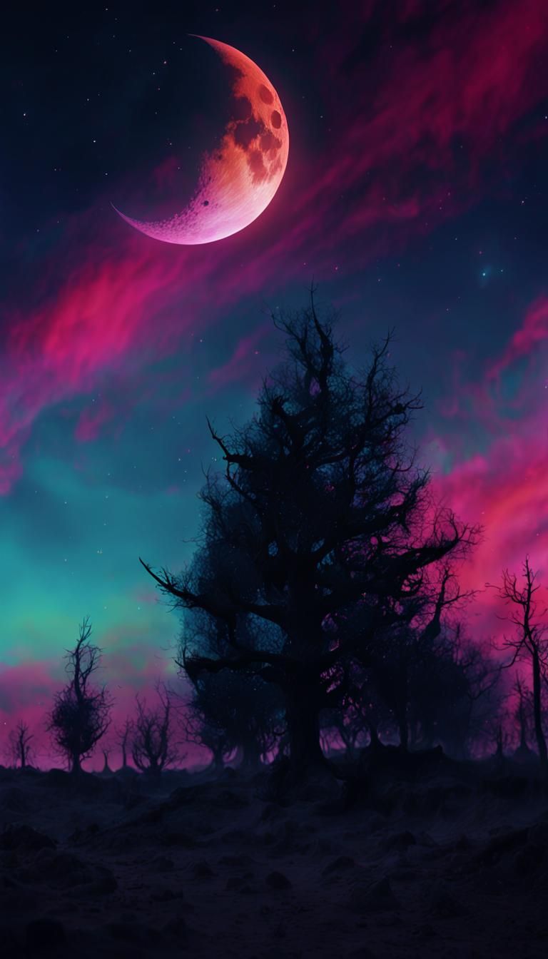 Ethereal Crescent Moon in Sinister Dreamscape