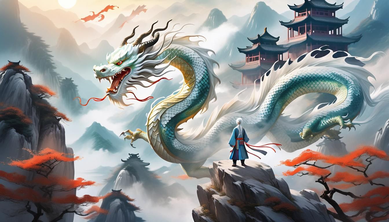 White Dragon Hanfu Fashion in Watercolor Style