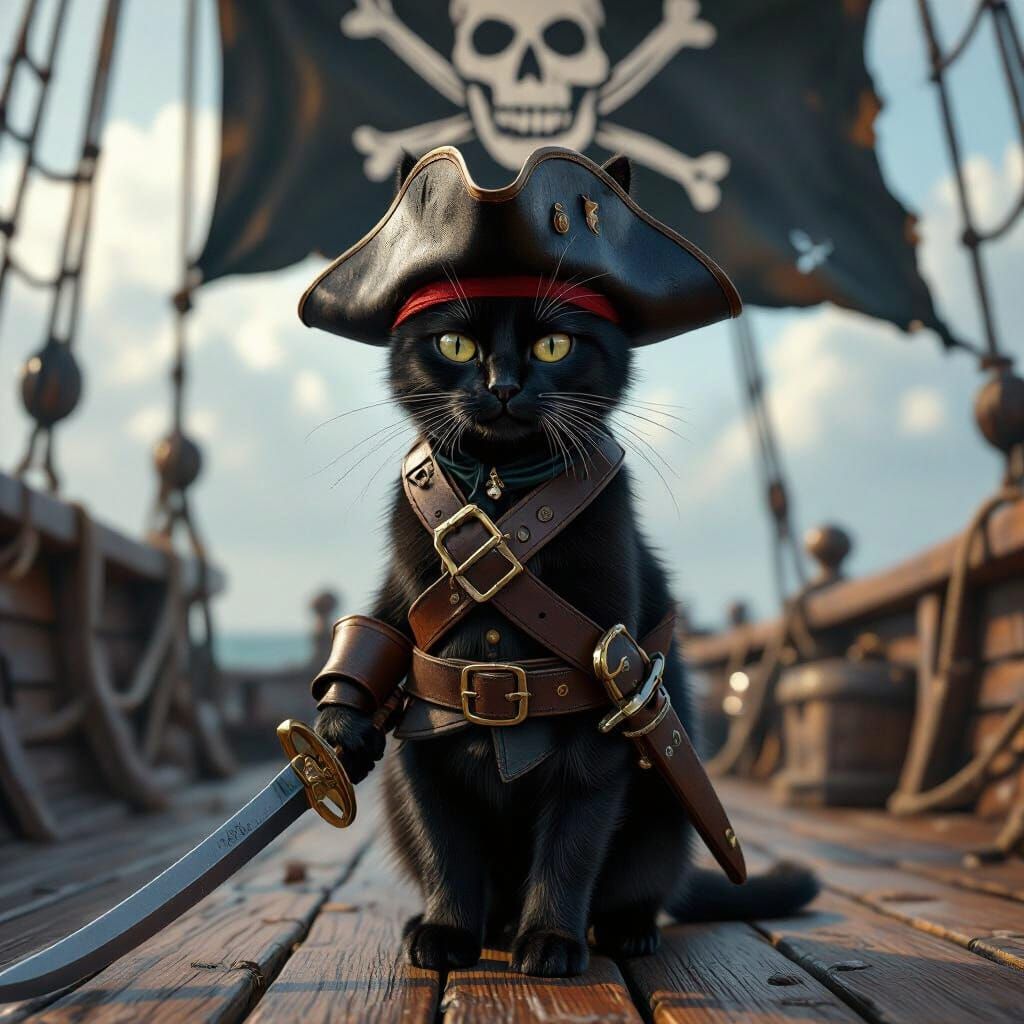 Pirate Cat on Ship Deck in Photorealistic Style