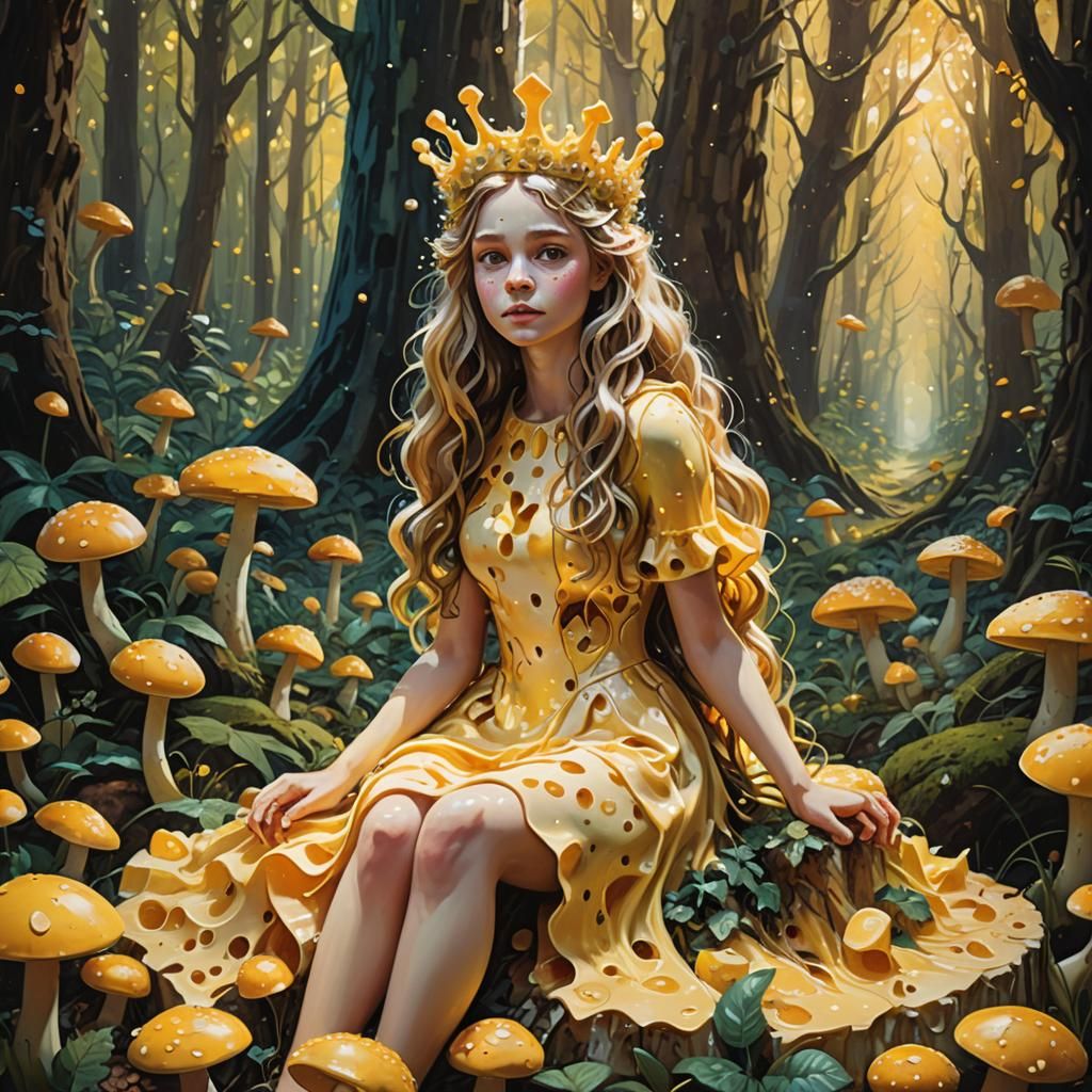 Cheese Girl in Forest, Vibrant Oil Painting