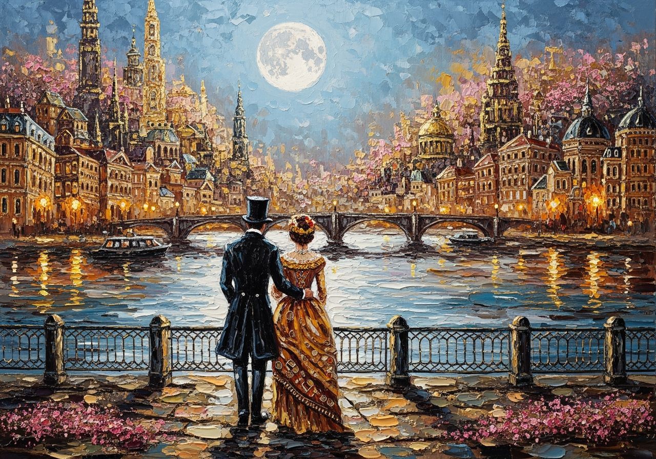 Victorian Couple by Moonlit Cityscape, Impasto Style