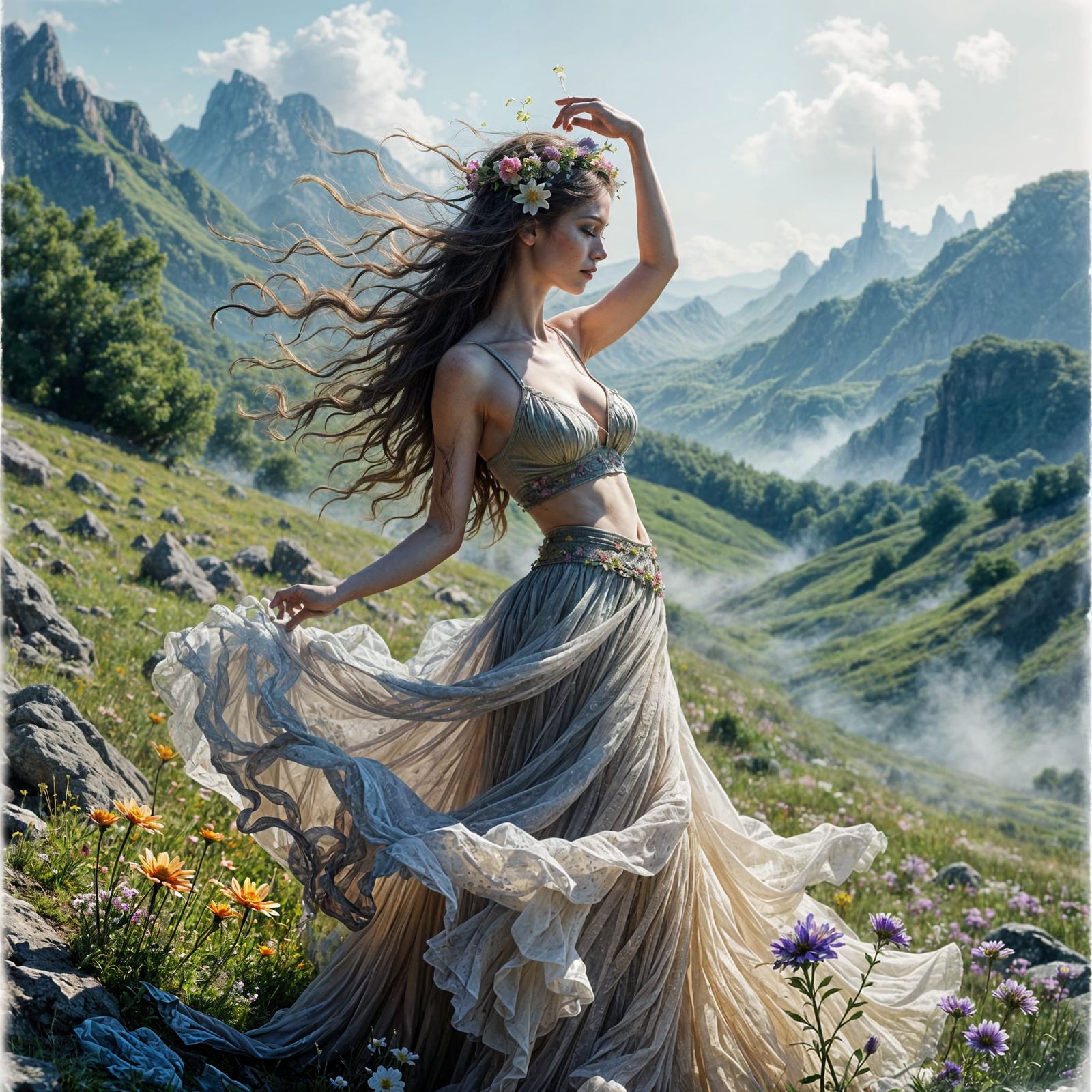 Enchanted Maiden Dances in a Whimsical Meadow