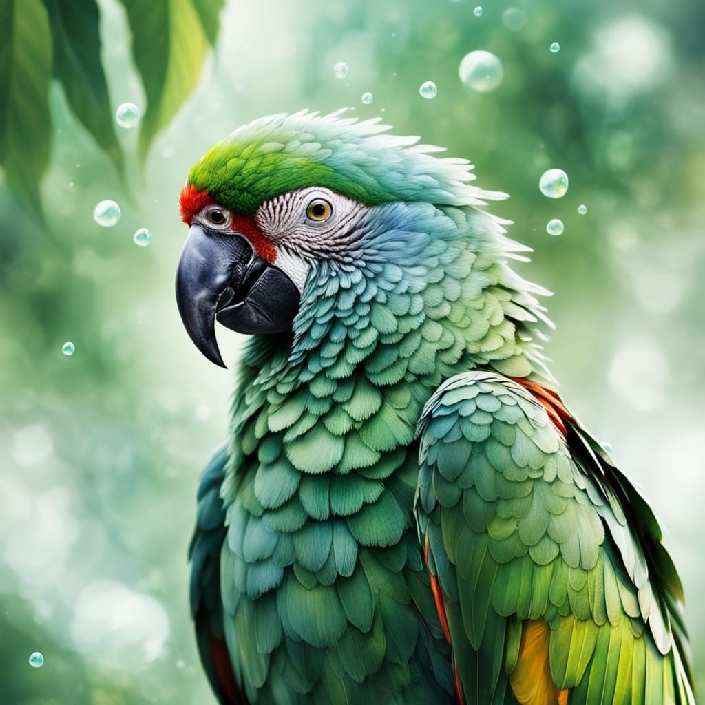 Chrome Parrot on Leaf with Emerald Dew: Macro Art