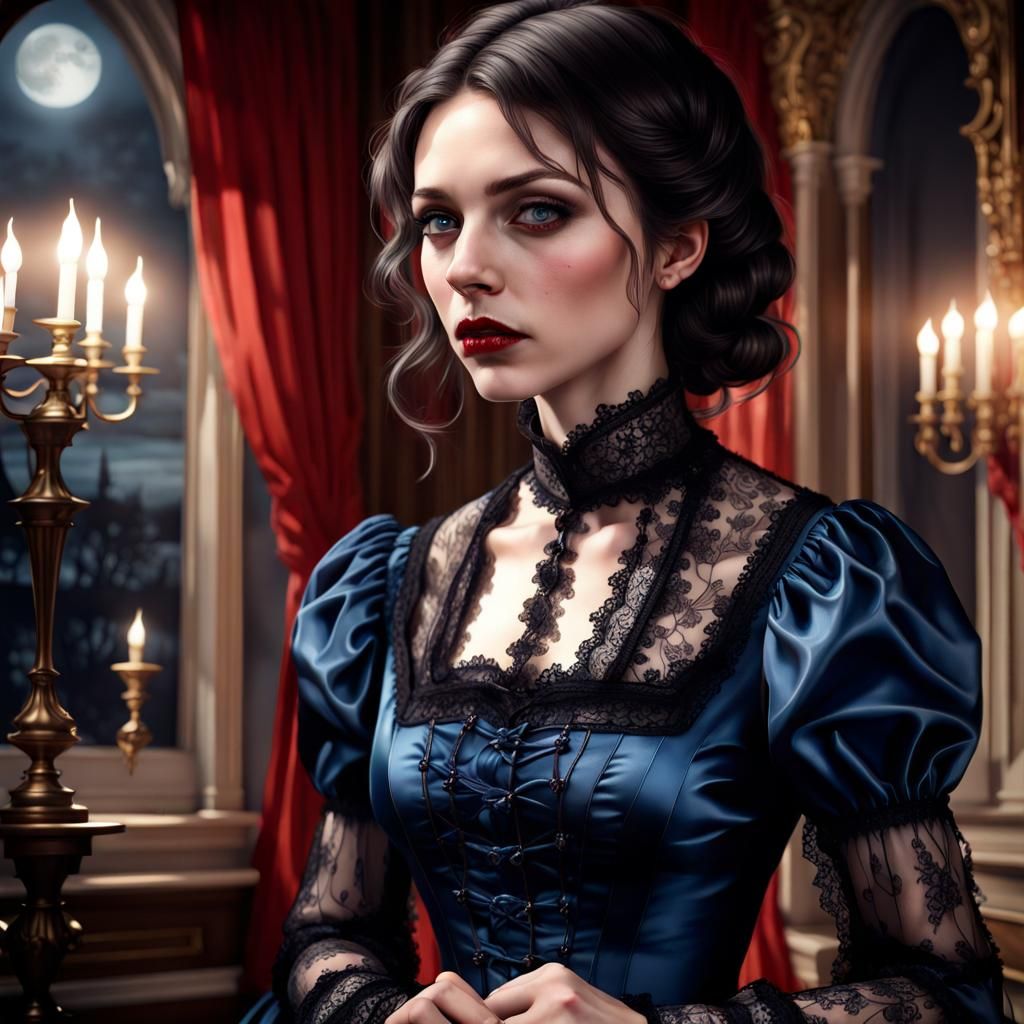 Detailed Vampire in Victorian Dress Under Moonlight