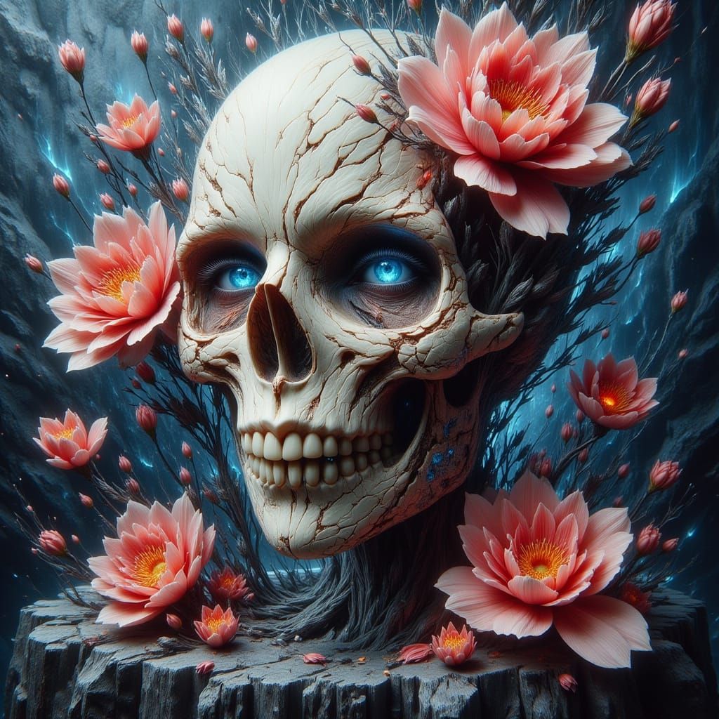 Skull with Flowers in Expressionist Style