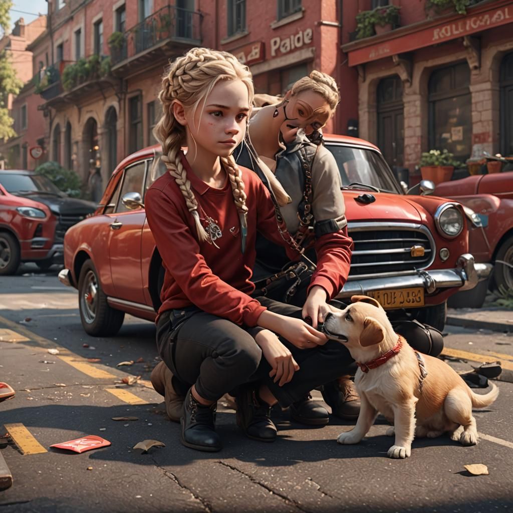 Girl and Puppy in Car, Detailed Matte Painting