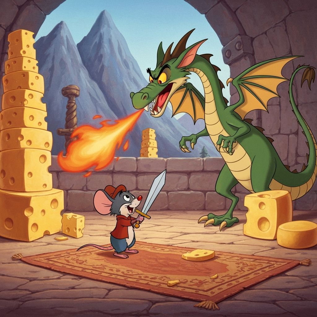 Brave Mouse Versus Dragon in Cartoon Style