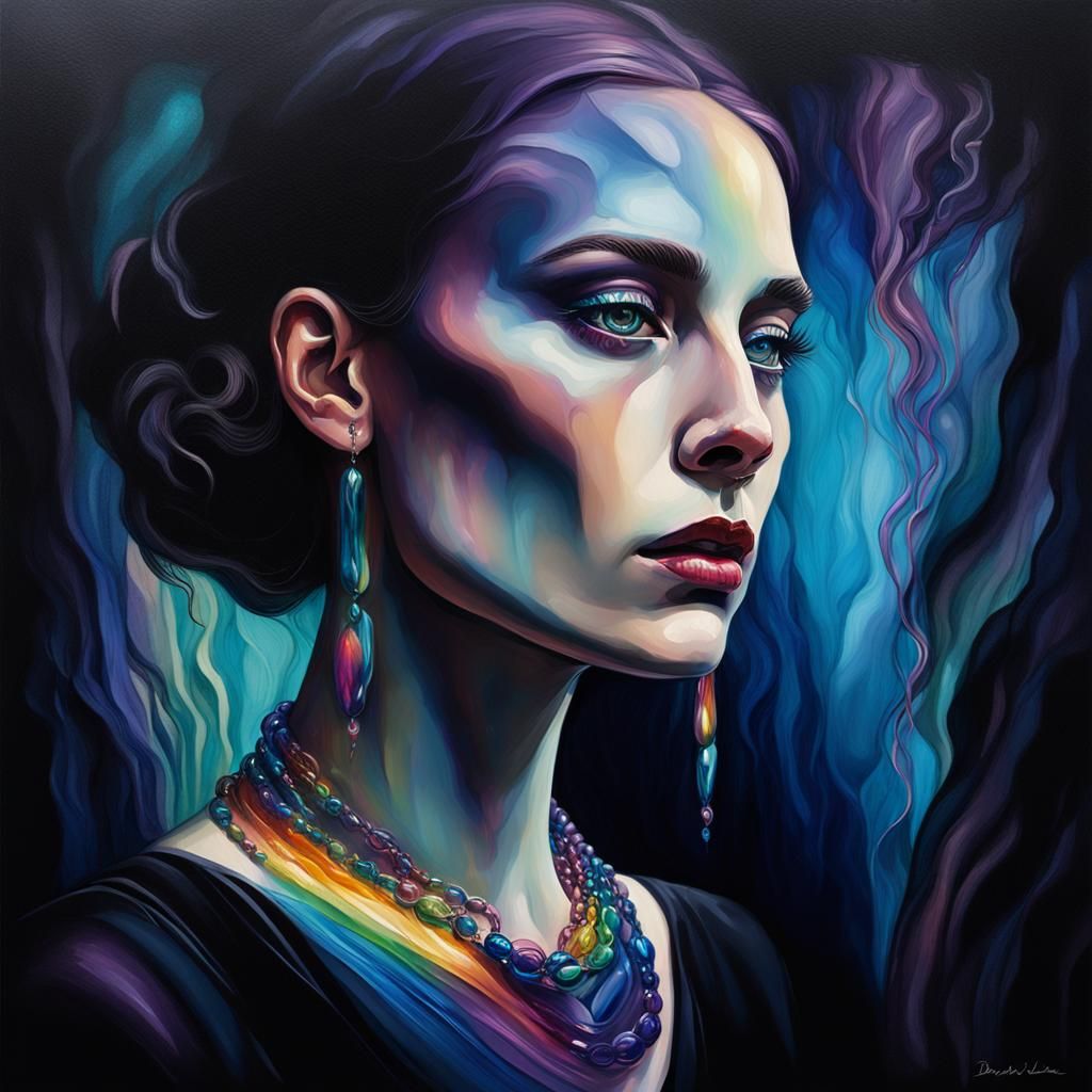 Dark Surrealist Woman with Rainbow Onyx Necklace