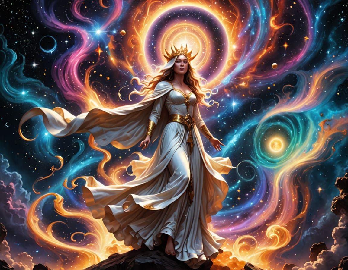 Ethereal Cosmic Witch in Vibrant Aura of Swirling Colors