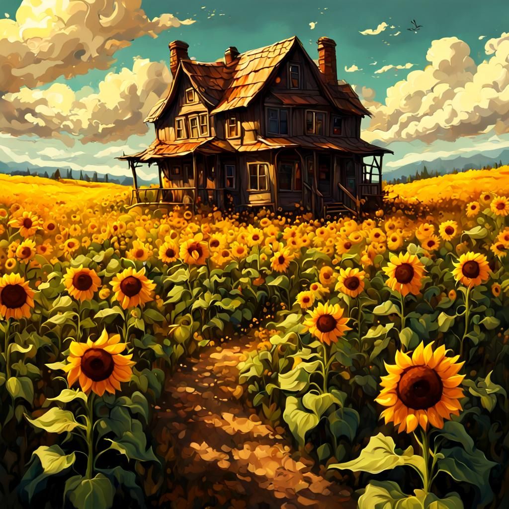 Sunflower Field House: Cartoon Digital Painting