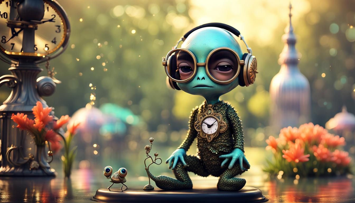 Cute Baby Alien Among Antique Clocks