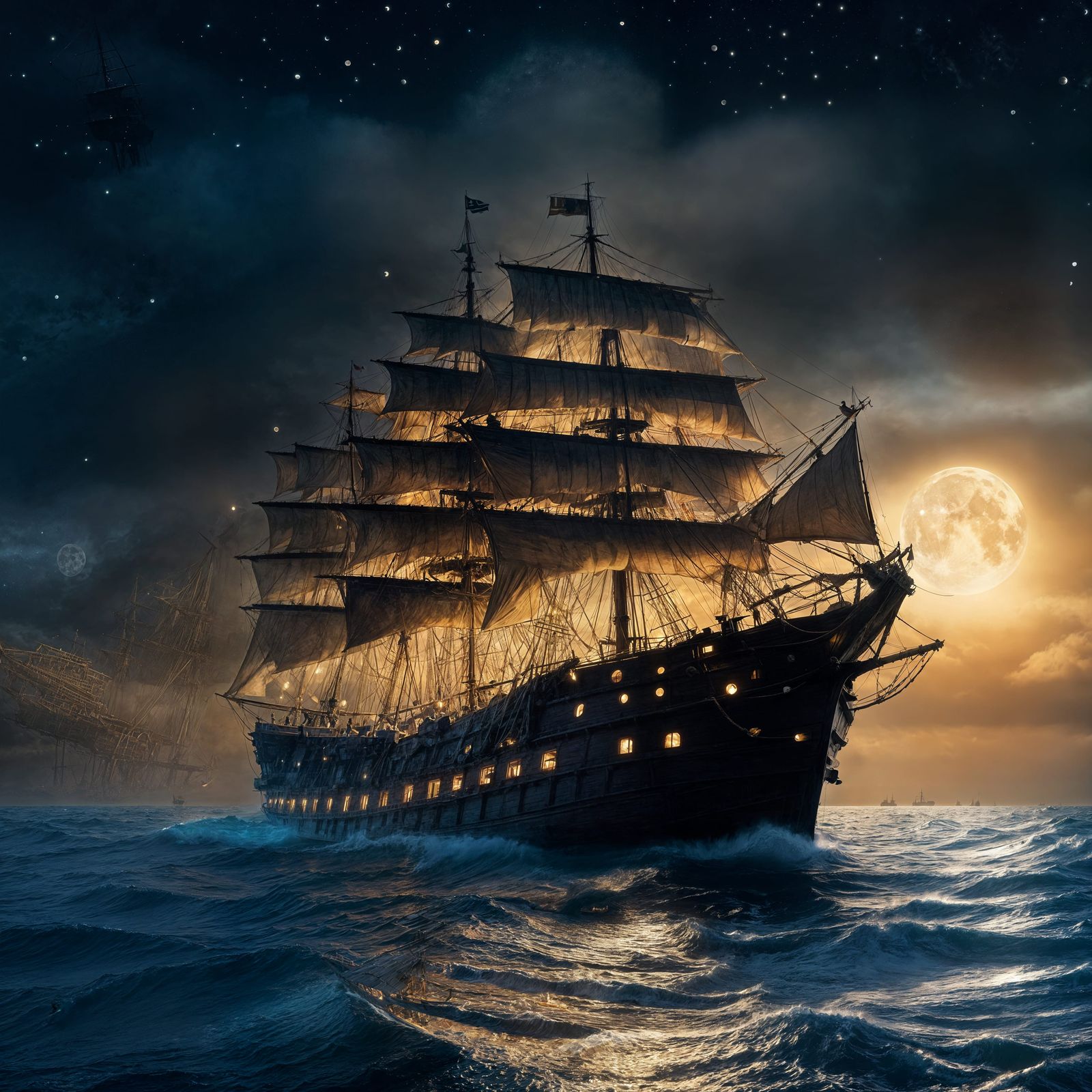 Old Ship Sailing Under Moonlight: Dramatic Night Scene