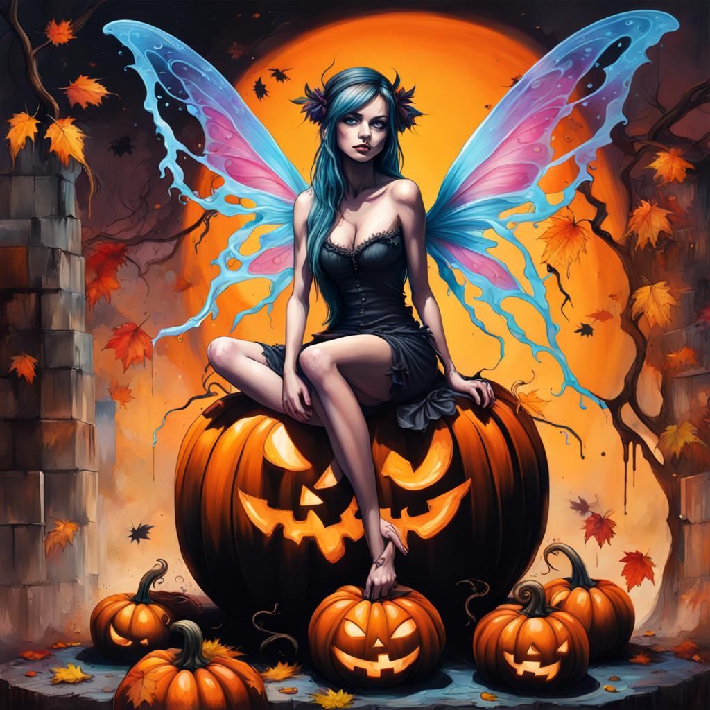 Autumn Fairy on Pumpkin in Graffiti Art