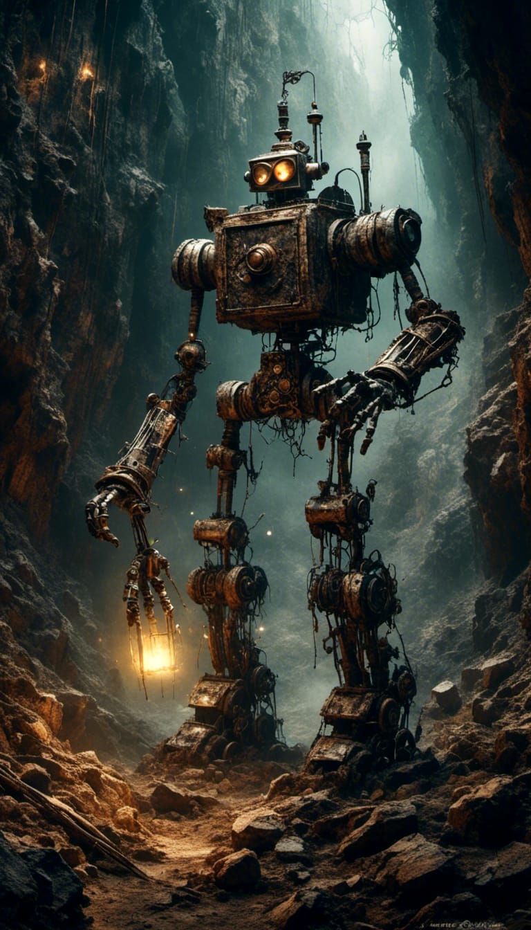 Steampunk Robot Explores Dark Mine