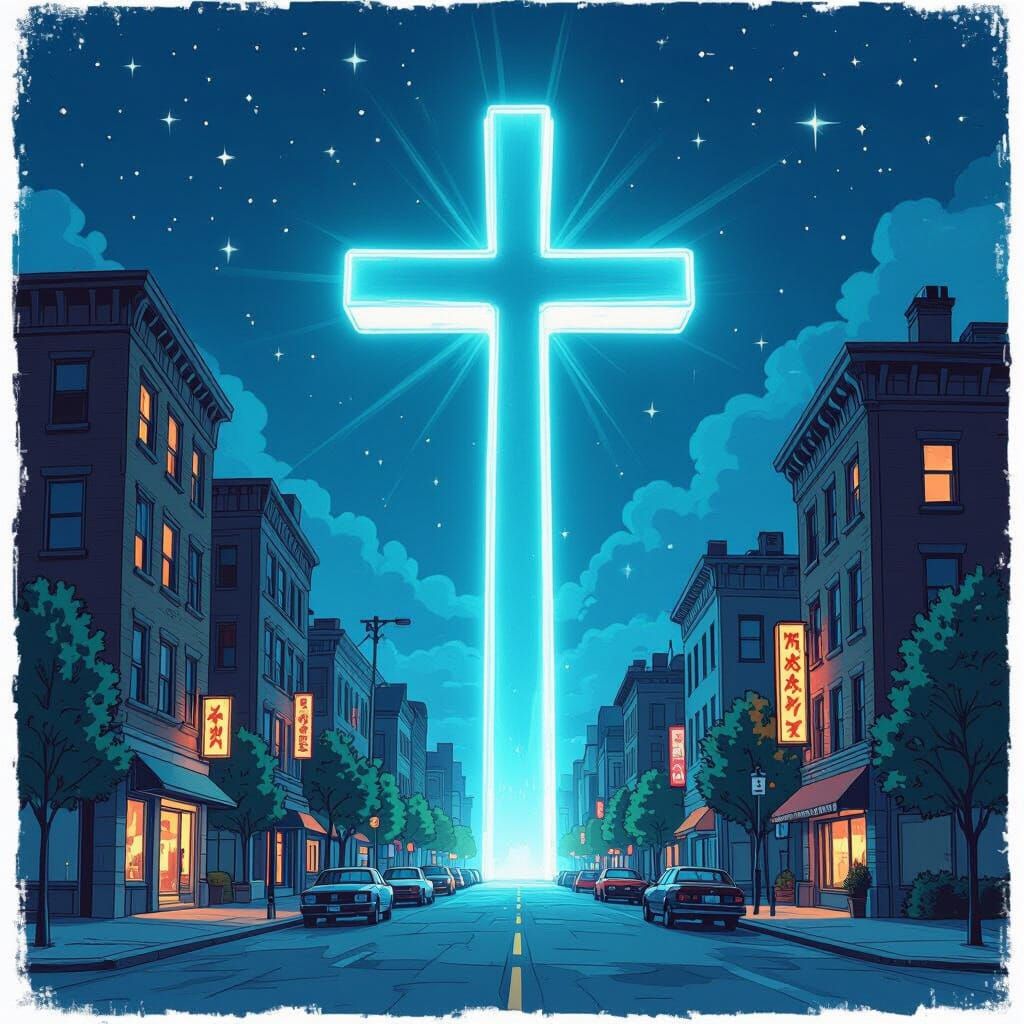 Neon Christian Cross Illuminates City Street at Night