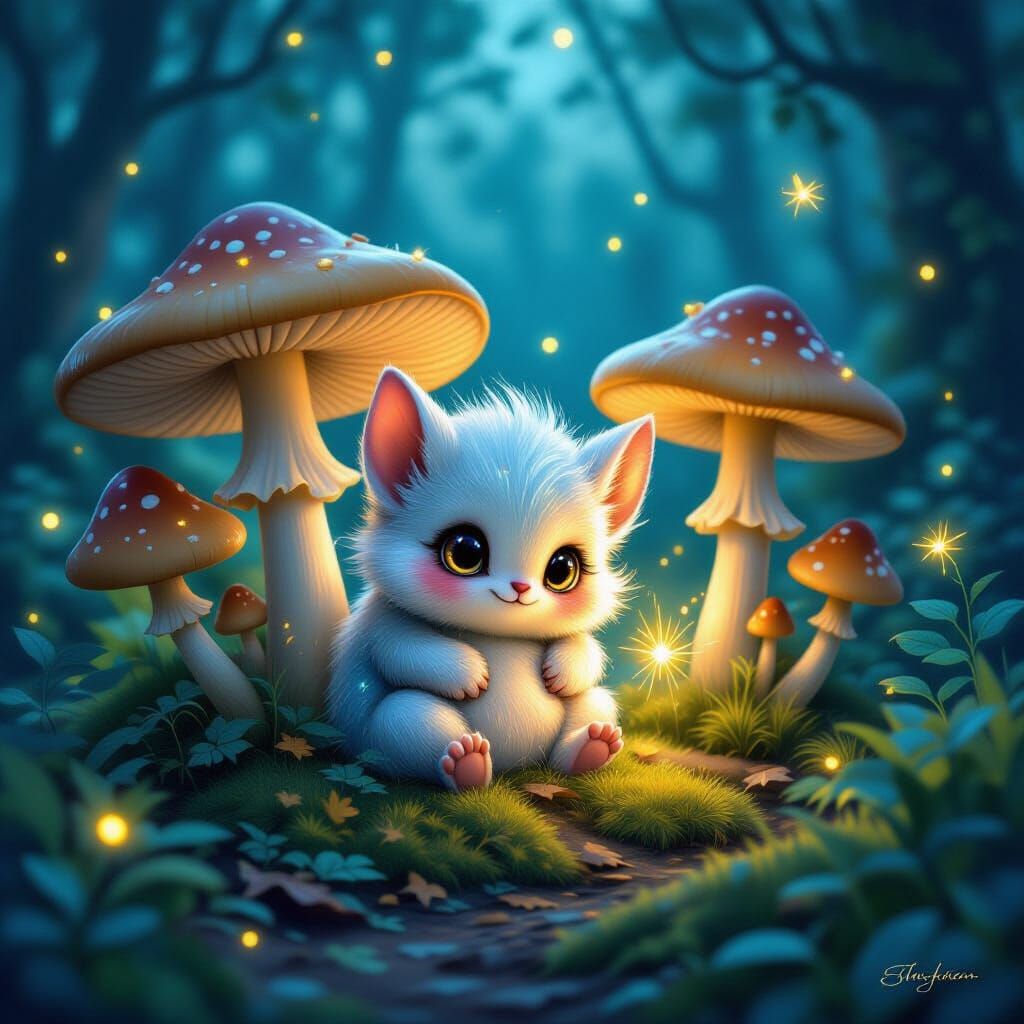 Whimsical Bioluminescent Creature in Enchanted Forest