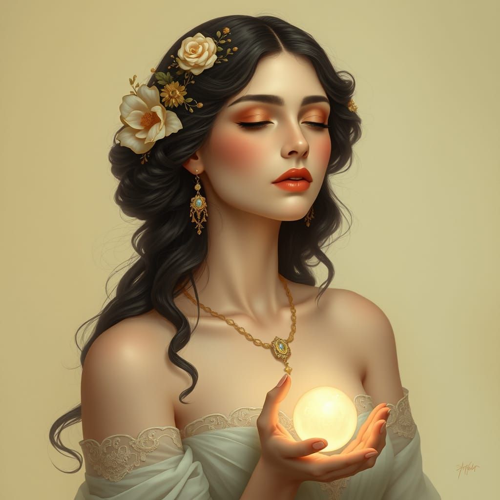Elegant Woman with Pearl in Art Nouveau Style